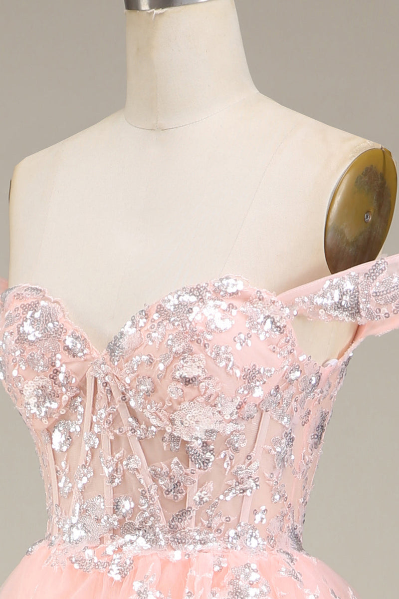 Laden Sie das Bild in den Galerie-Viewer, Errötendes Schulterfreies Gestuftes Ballkleid im Prinzessin-Stil