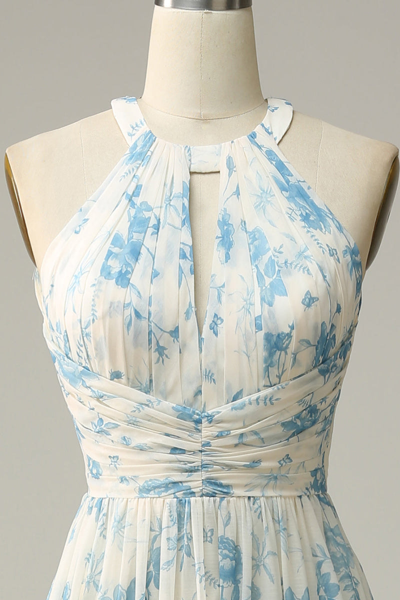 Laden Sie das Bild in den Galerie-Viewer, Weiß Blau Blume Mantel Halter Rückenfrei Geraffte Chiffon Brautjungfer Kleid