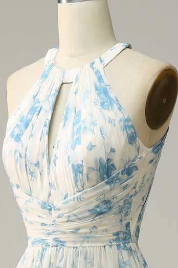 Weiß Blau Blume Mantel Halter Rückenfrei Geraffte Chiffon Brautjungfer Kleid