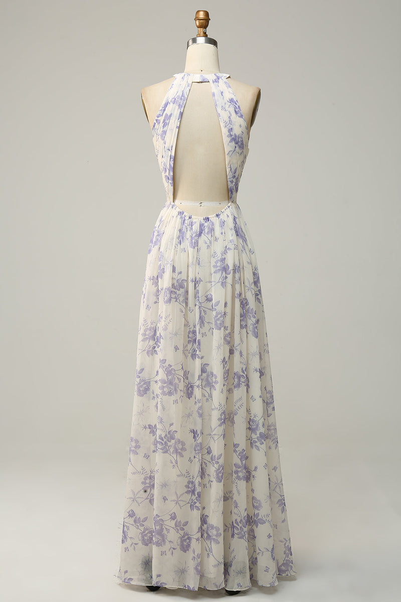 Laden Sie das Bild in den Galerie-Viewer, Weiß Blau Blume Mantel Halter Rückenfrei Geraffte Chiffon Brautjungfer Kleid