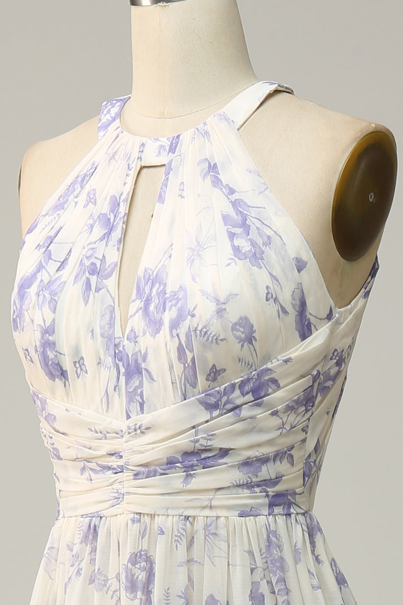 Laden Sie das Bild in den Galerie-Viewer, Weiß Lila Blume Mantel Halter Rückenfrei Geraffte Chiffon Brautjungfer Kleid
