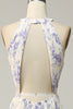 Laden Sie das Bild in den Galerie-Viewer, Weiß Lila Blume Mantel Halter Rückenfrei Geraffte Chiffon Brautjungfer Kleid