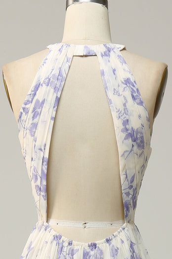 Weiß Blau Blume Mantel Halter Rückenfrei Geraffte Chiffon Brautjungfer Kleid