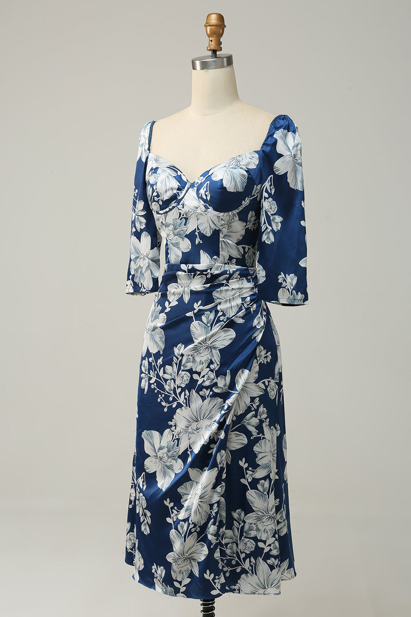 Laden Sie das Bild in den Galerie-Viewer, Tintenblaue Meerjungfrau mit quadratischem Ausschnitt Satin Print Hochzeitskleid mit halben Ärmeln