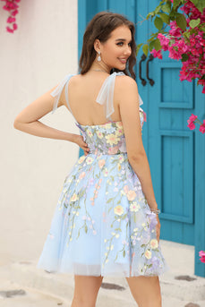 Blaues Korsett A-Linie Kurzes Homecoming Kleid mit 3D Blumen