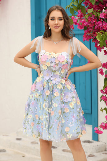 Blaues Korsett A-Linie Kurzes Homecoming Kleid mit 3D Blumen