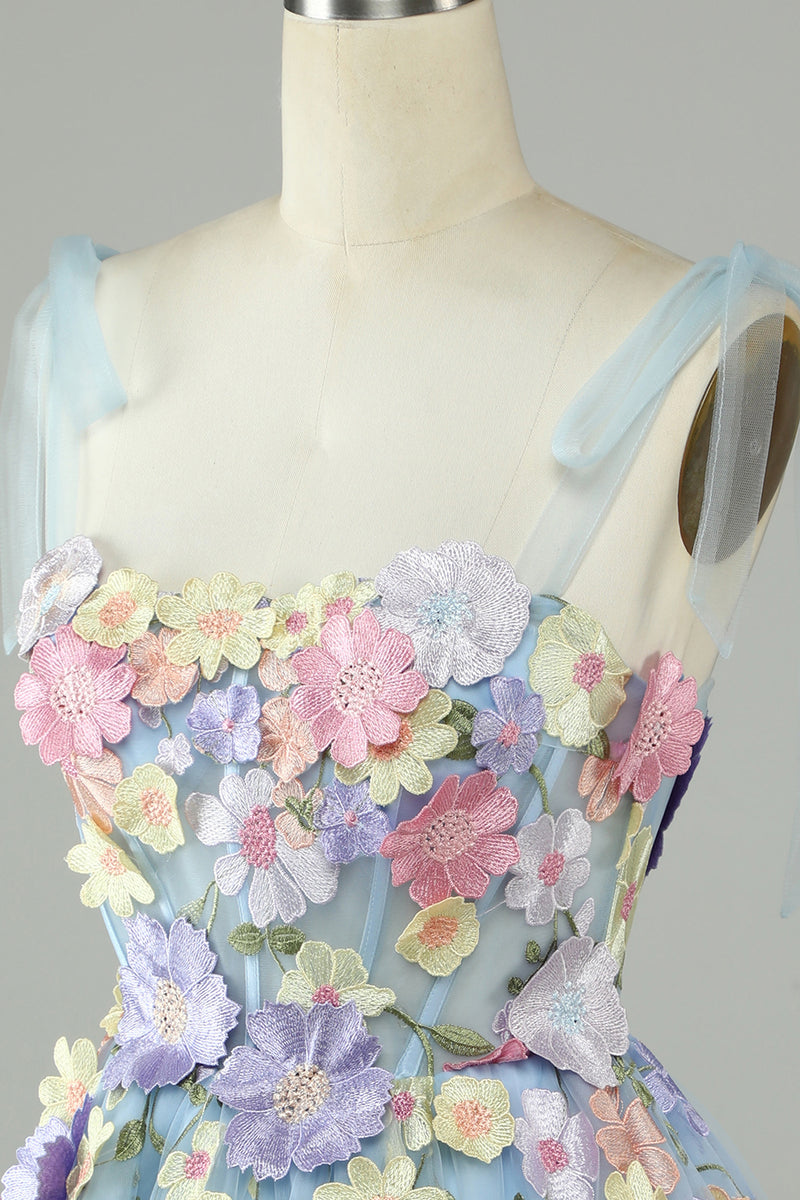 Laden Sie das Bild in den Galerie-Viewer, Blau Korsett A-Linie Kurzes Heimkehrkleid mit 3D Blumen