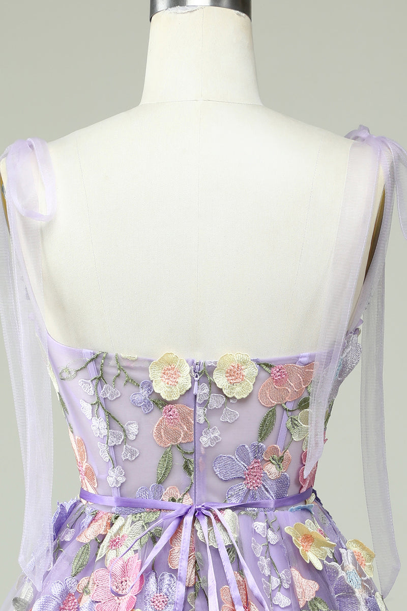 Laden Sie das Bild in den Galerie-Viewer, Lila Korsett A-Linie Kurzes Homecoming Kleid mit 3D Blumen
