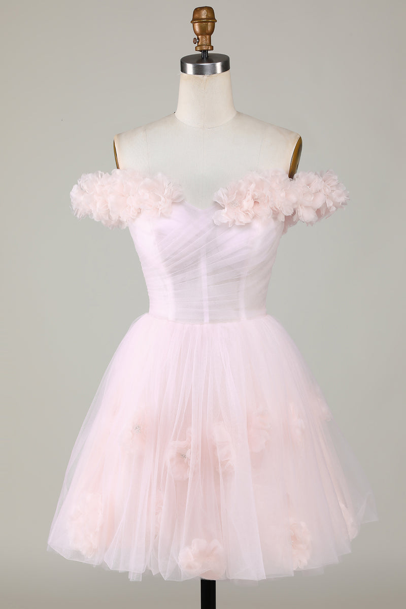 Laden Sie das Bild in den Galerie-Viewer, Niedliches A Line Schulterfreies Kurzes Rosa Heimkehrer Kleid mit Blumen