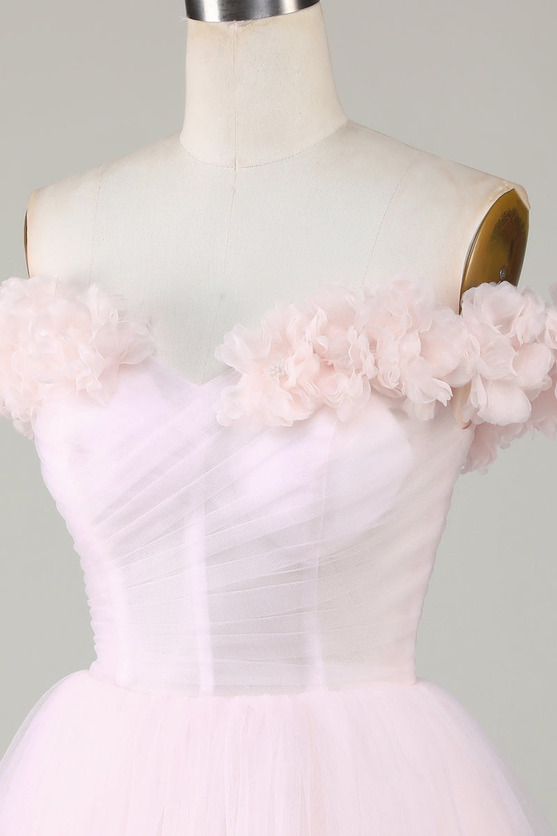 Laden Sie das Bild in den Galerie-Viewer, Niedliches A Line Schulterfreies Kurzes Rosa Heimkehrer Kleid mit Blumen