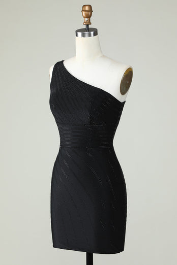Mantel Ein-Schulter Schwarz Kurzes Abendkleid mit Perlen