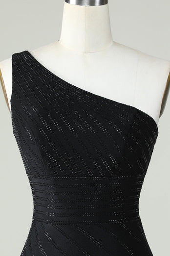 Mantel Ein-Schulter Schwarz Kurzes Abendkleid mit Perlen