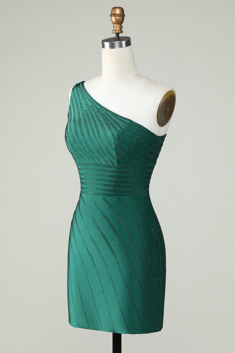 Laden Sie das Bild in den Galerie-Viewer, Mantel Ein-Schulter Grün Kurzes Abendkleid mit Perlen