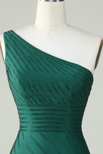 Mantel Ein-Schulter Grün Kurzes Abendkleid mit Perlen