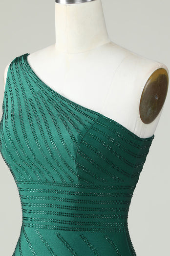 Mantel Ein-Schulter Grün Kurzes Abendkleid mit Perlen