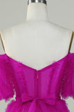 Fuchsia Tüll schulterfreies kurzes Abendkleid