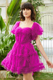 Fuchsia Tüll schulterfreies kurzes Ballkleid