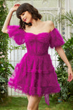 Fuchsia Tüll schulterfreies kurzes Ballkleid