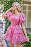 Fuchsia Tüll schulterfreies kurzes Ballkleid