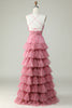 Laden Sie das Bild in den Galerie-Viewer, Rosa Spaghettiträger Mehrlagiges Tüll-Abschlusskleid mit Blumenmuster
