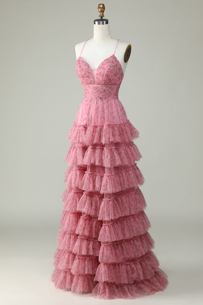 Laden Sie das Bild in den Galerie-Viewer, Rosa Spaghettiträger Mehrlagiges Tüll-Abschlusskleid mit Blumenmuster