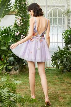 Lila Tief V Ausschnitt Offen Rückseite Heimkehr Kleid Mit 3D Blumen