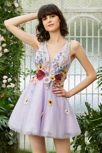 Lila Tief V Ausschnitt Offen Rückseite Heimkehr Kleid Mit 3D Blumen