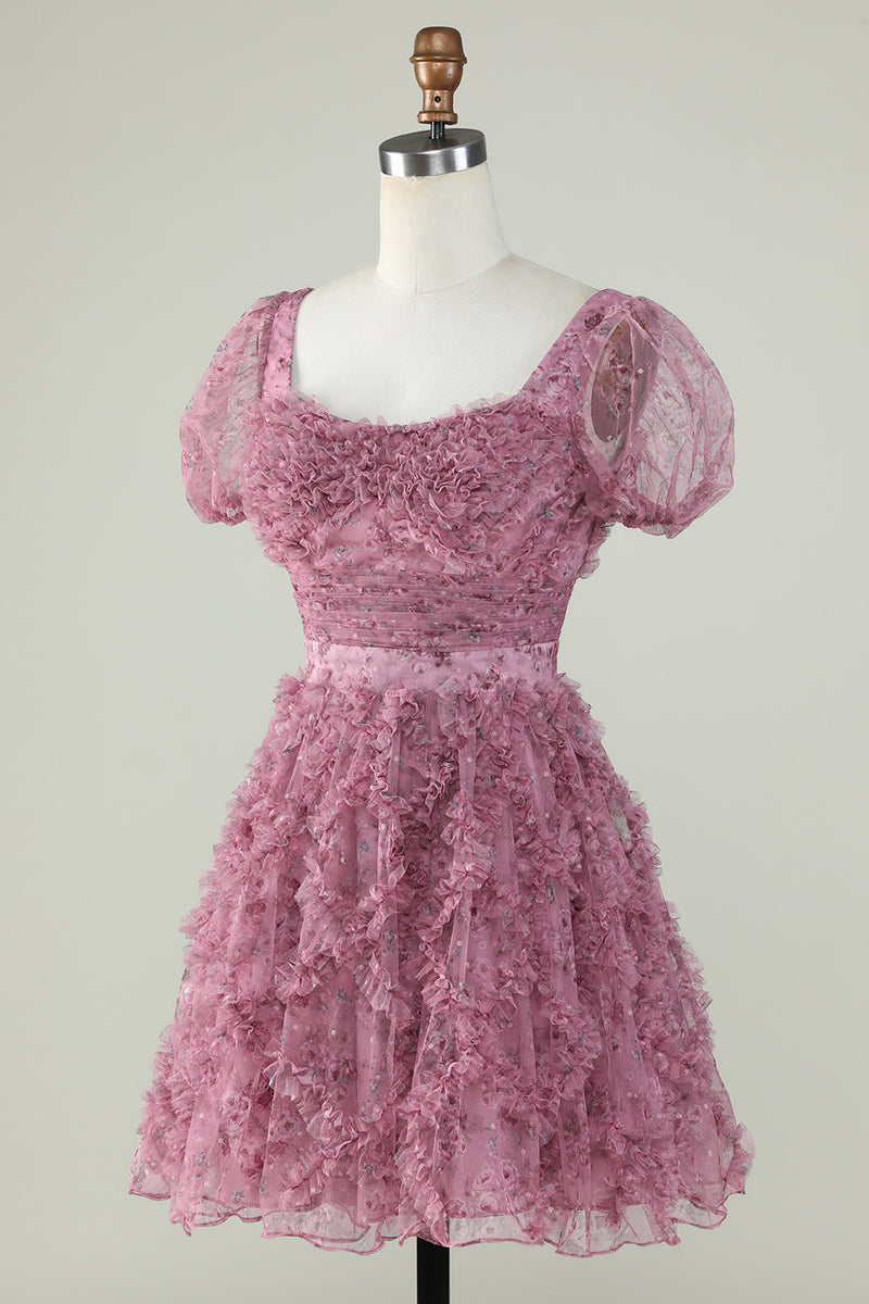 Laden Sie das Bild in den Galerie-Viewer, Niedliches A Line Floral Staubiges Rose Heimkehr Kleid mit Rüschen
