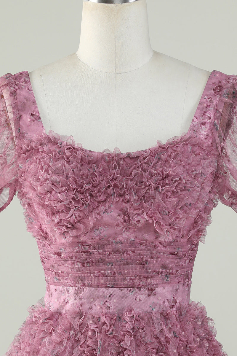 Laden Sie das Bild in den Galerie-Viewer, Niedliches A Line Floral Staubiges Rose Heimkehr Kleid mit Rüschen