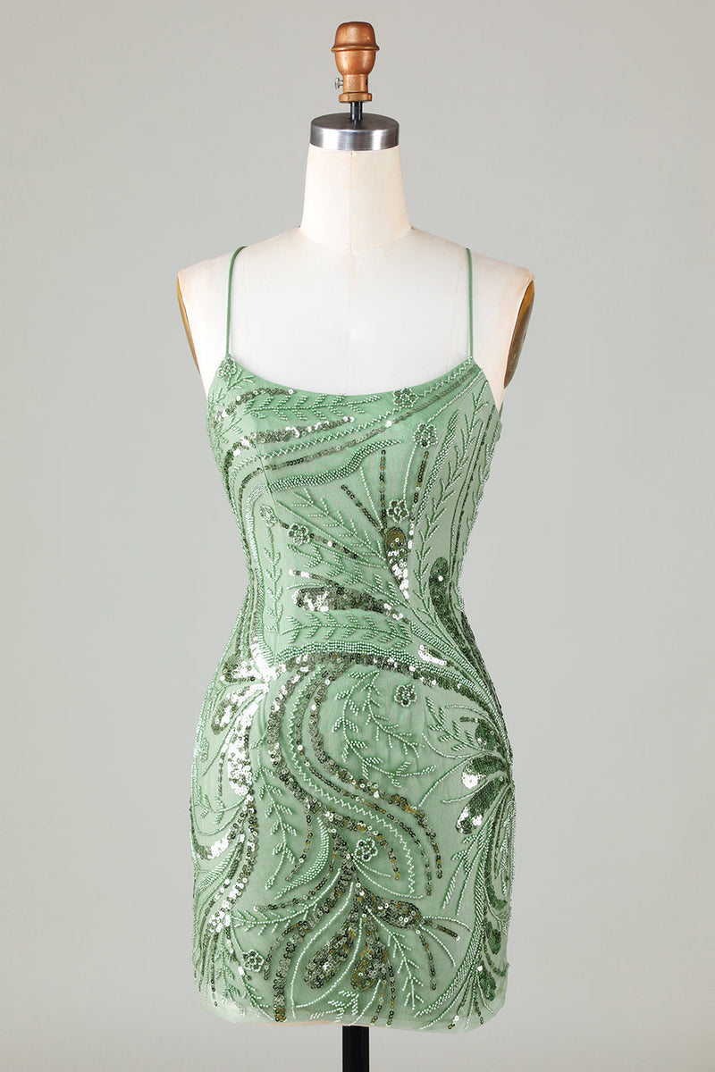 Laden Sie das Bild in den Galerie-Viewer, Glitzerndes grünes Etui-Spaghettiträger-Kurzes Homecoming-Kleid mit kreuz und quer überkreuztem Rücken