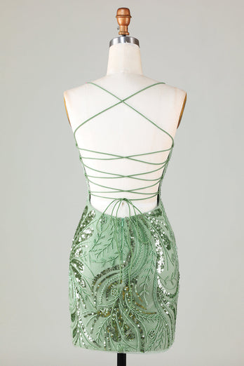 Glitzerndes grünes Etui-Spaghettiträger-Kurzes Homecoming-Kleid mit kreuz und quer überkreuztem Rücken