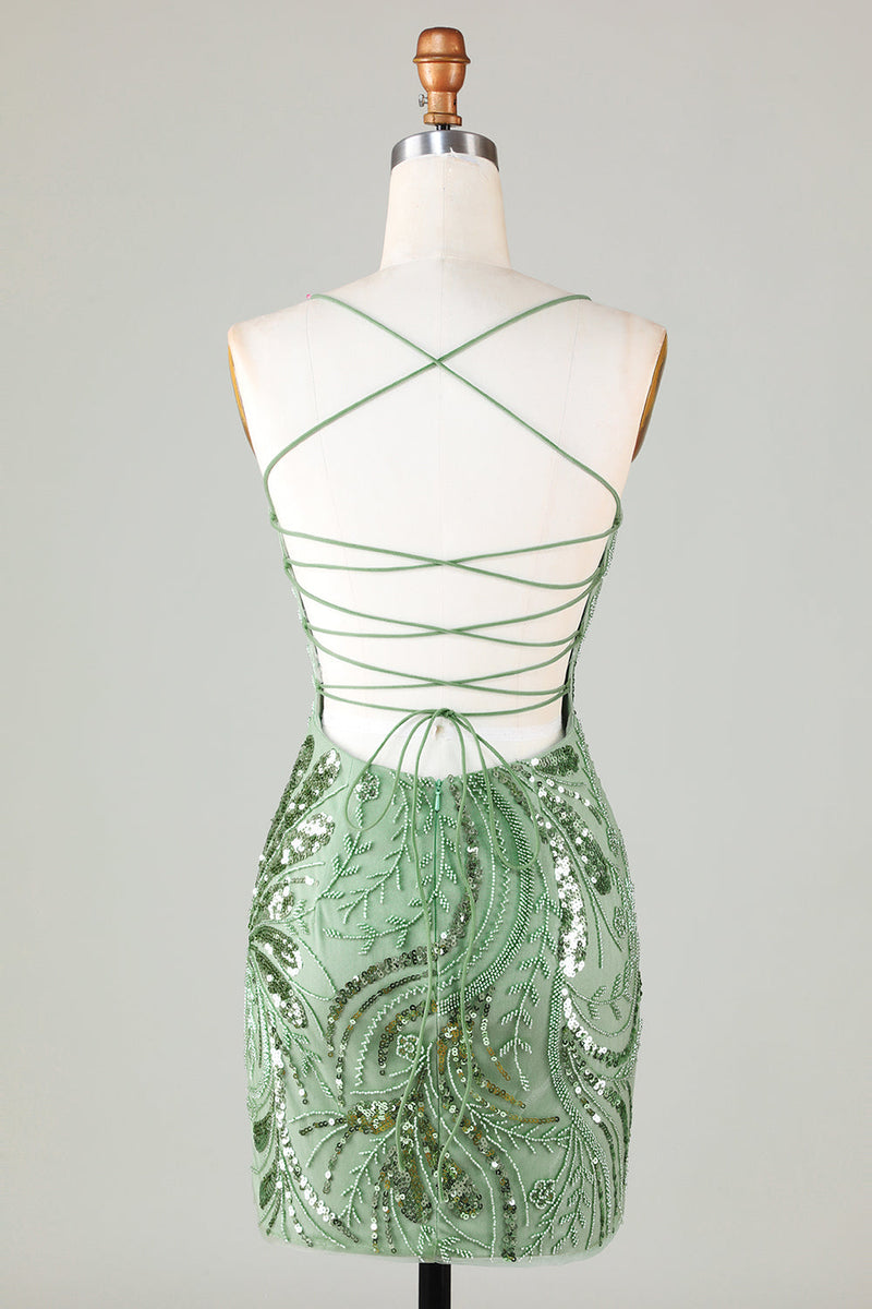 Laden Sie das Bild in den Galerie-Viewer, Glitzerndes grünes Etui-Spaghettiträger-Kurzes Homecoming-Kleid mit kreuz und quer überkreuztem Rücken