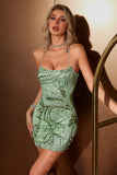 Glitzerndes grünes Etui-Spaghettiträger-Kurzes Homecoming-Kleid mit kreuz und quer überkreuztem Rücken