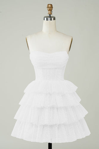 Glitzerndes Korsett gestuftes weißes Kleid