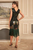 Laden Sie das Bild in den Galerie-Viewer, Schwarzes grünes Paillettenkleid mit Pailletten aus den 1920er Jahren und Fransen