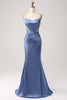 Laden Sie das Bild in den Galerie-Viewer, Meerjungfrau Grau Blau Satin Spaghettiträger Langes Abschlussballkleid