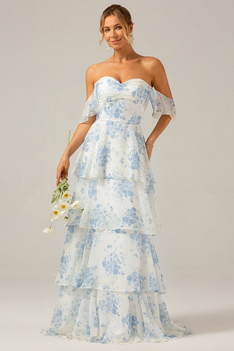 Laden Sie das Bild in den Galerie-Viewer, Weißes blaues geblümtes Boho-Chiffon-Brautjungfernkleid mit Rüschen