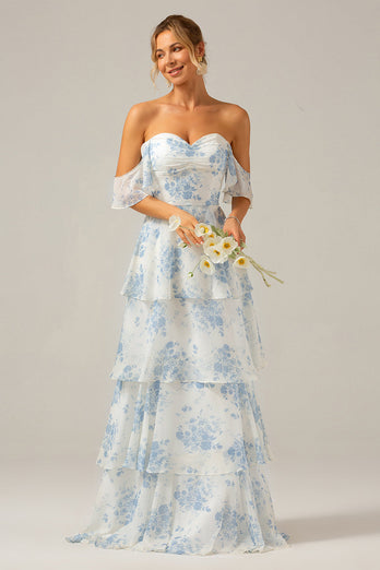 Weißes blaues geblümtes Boho-Chiffon-Brautjungfernkleid mit Rüschen