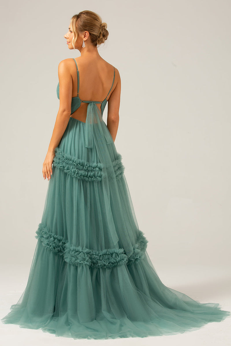 Laden Sie das Bild in den Galerie-Viewer, Grünes Tüll-A-Line-Spaghettiträger-langes Brautjungfernkleid mit Rüschen