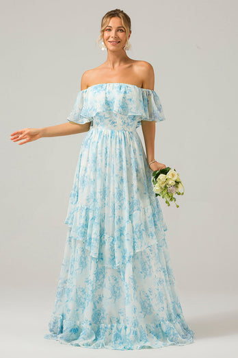 Weißes blaues, schulterfreies Boho-Brautjungfernkleid mit Blumenmuster und Rüschen