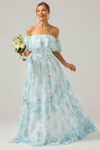Weißes blaues, schulterfreies Boho-Brautjungfernkleid mit Blumenmuster und Rüschen