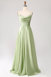 Dusty Sage A Line Cowl Neck Satin Long Prom Kleid mit Plissee