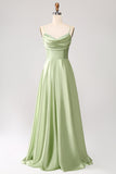 Dusty Sage A Line Cowl Neck Satin Long Prom Kleid mit Plissee