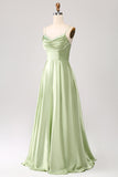 Dusty Sage A Line Cowl Neck Satin Long Prom Kleid mit Plissee