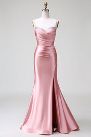 Blush Meerjungfrau Spaghettiträger Satin Ballkleid mit Schlitz