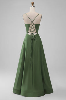 Grünes langes Brautjungfernkleid aus Satin mit V-Ausschnitt und A-Linie