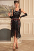 Laden Sie das Bild in den Galerie-Viewer, Schwarzes ärmelloses, glitzerndes Fransen-Flapper-Kleid mit Accessoires
