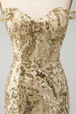 Glitzerndes Bodycon Goldenes schulterfreies Homecoming-Kleid mit Pailletten