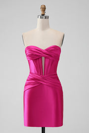 Fuchsia Bodycon Sweetheart Satin Korsett Kurzes Homecoming-Kleid