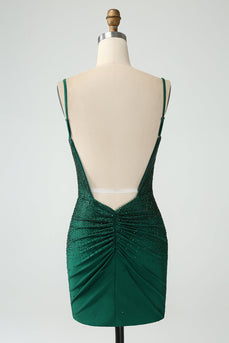 Dunkelgrünes, figurbetontes Spagehtti-Träger-Rückenfreies Homecoming-Kleid mit Perlenstickerei